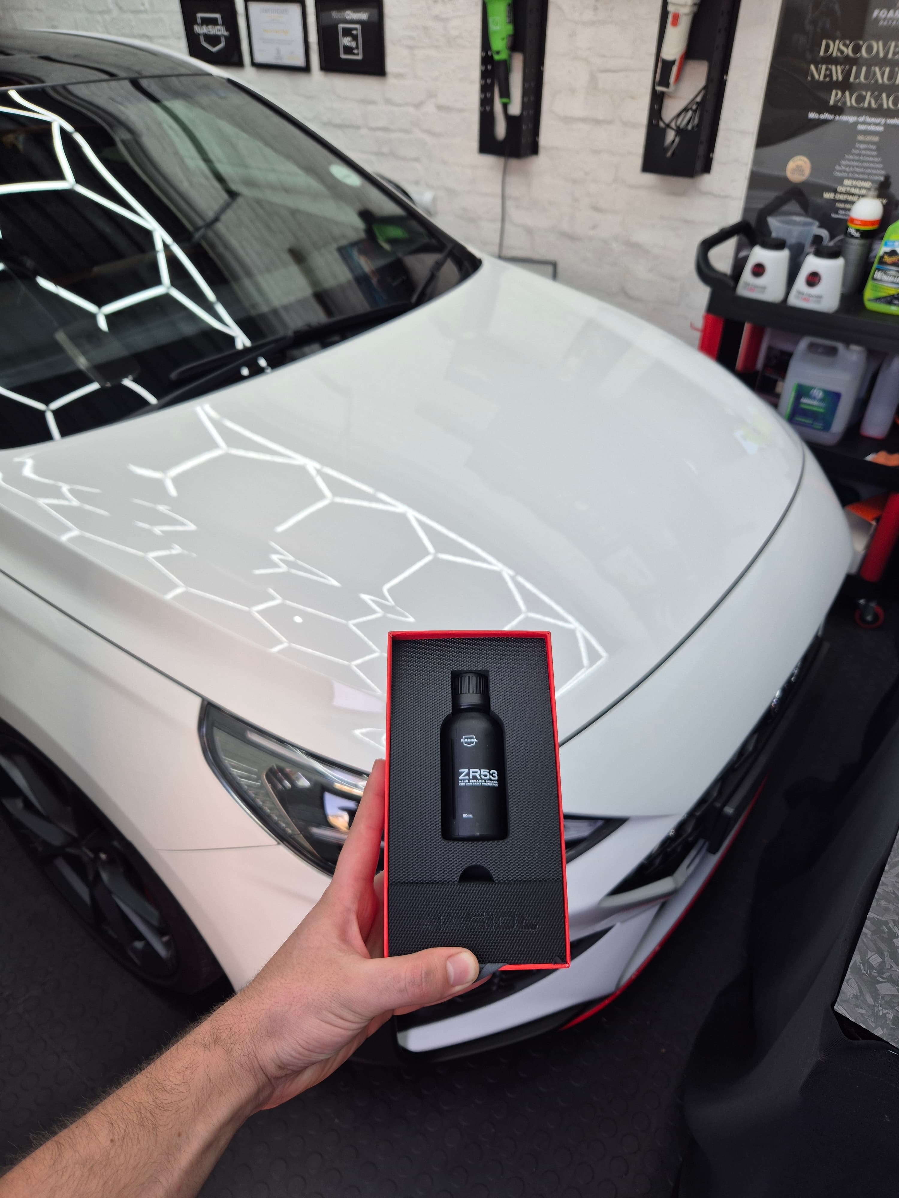 ZR53 ceramic coating product — applied to white paint bonnet